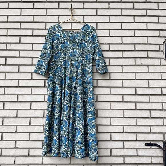 Rivaaj Blue Green Block Print Jacobean Floral Cotton Boho Cottagecore Midi Dress - Picture 1 of 8